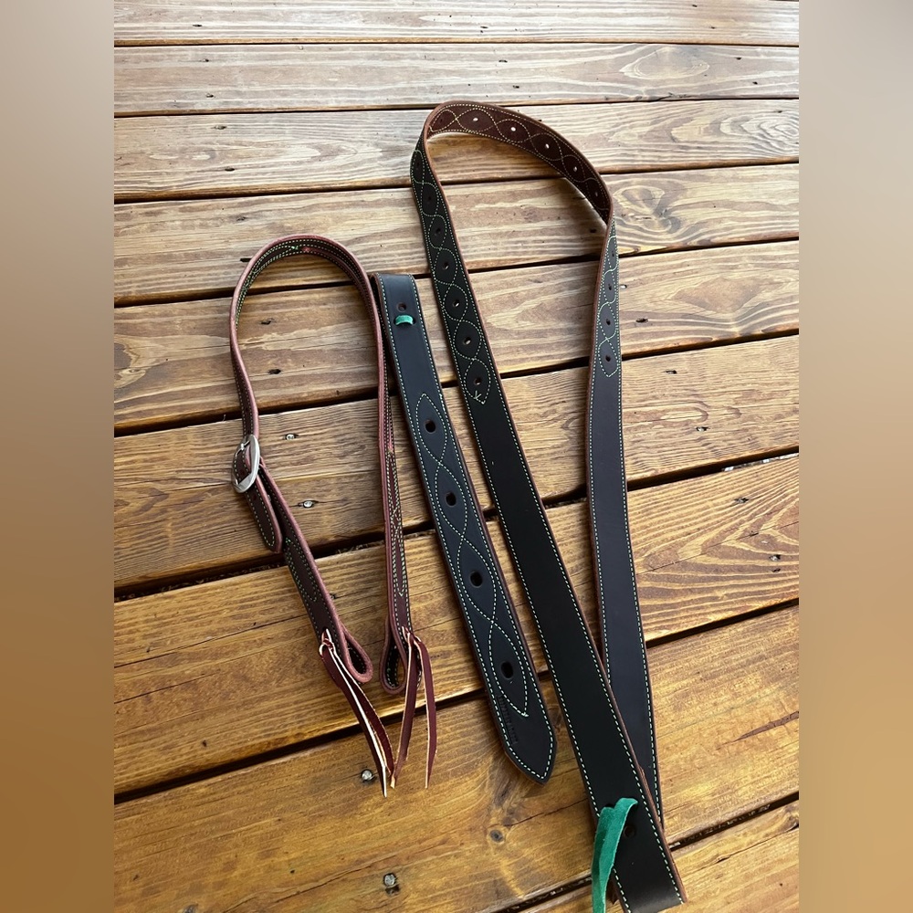 New HBT headstall, latigo & off billet set with lime Green Stitching